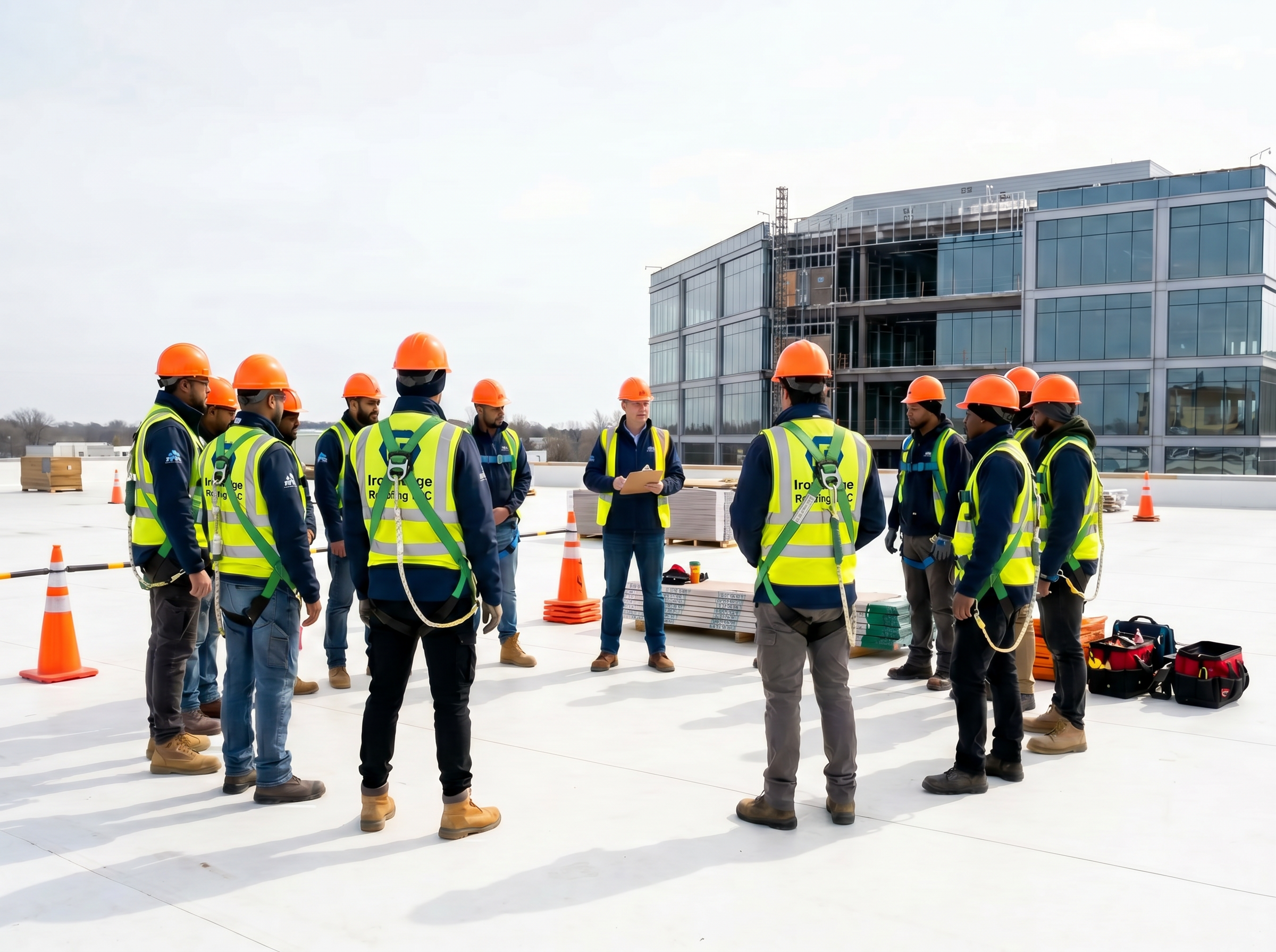 IronRidge crew safety briefing on commercial rooftop